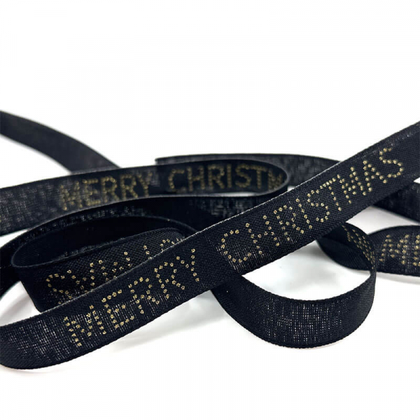 Geschenkband, MC Deluxe, schwaru mit gold Merry Christmas, 15mm